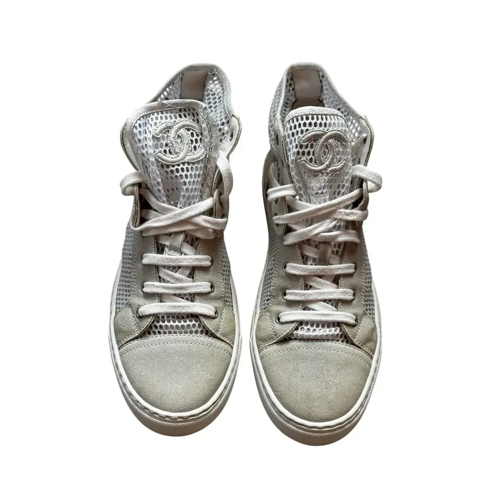 Chanel CC Logo White Mesh Suede High Top Sneakers Made in Italy